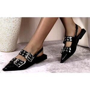 Berness Black Patent Pointed Toe Slingback Flat Shoes Sz 7.5 New